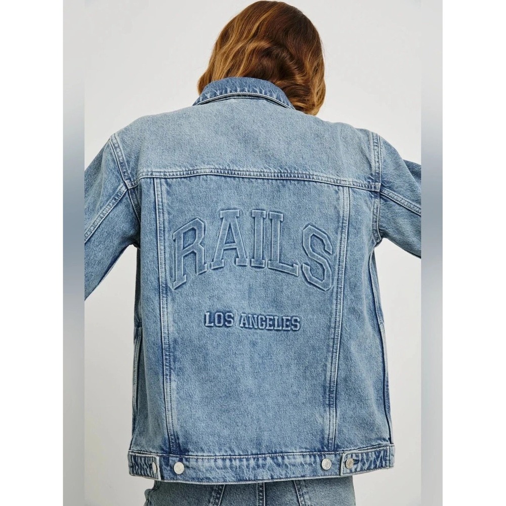Rails Los Angeles Grove Boyfriend Trucker Jacket Embossed Size S Indigo Denim